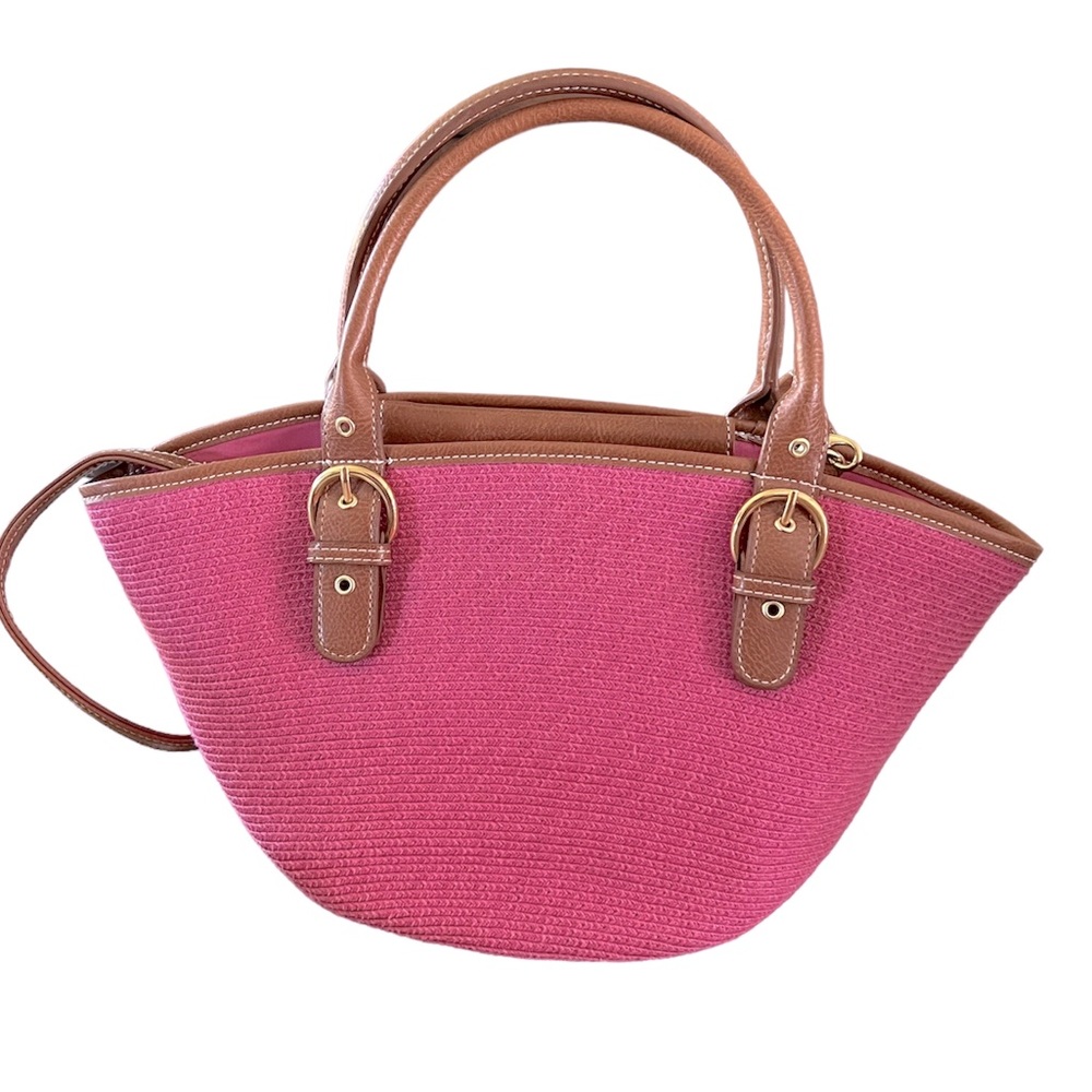 Pink Woven Straw Crossbody Bag Brown Trim Cotton Paper Tote - Picture 1 of 17